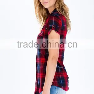 Adorable Dolled up Short Sleeve Plaid Shirts Latest Shirt Designs for Women thumbnail-4