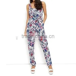 Fashion Summer Viscose Blue Tropical Print Tie Front Jumpsuit for Women 2015 China Manufacturer thumbnail-1