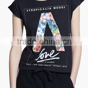 Korean Teen Girls Style Novel Printed Short Sleeves Black Pure Cotton T Shirt for 2015 Summer thumbnail-1