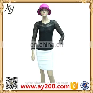 In Stock Embroidered Round Neck Lace Shirt Long Sleeve T Shirt thumbnail-1