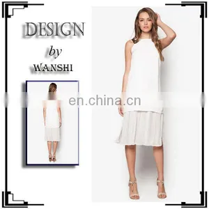 Fashion Ladies Clothes Latest Design Pleat Hem Sleeveless White Women Dress thumbnail-1