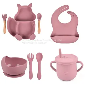 8pcs Food Grade Silicone Baby Feeding Set Baby Plate Bowl Wooden Silicone Spoon Fork Sets thumbnail-3