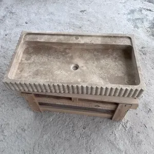 Luxury Unique Natural Yellow Rectangular Shape Travertine Stone Bathroom Marble Vessel Sink Vanity Wash Basin Garden Decor thumbnail-5