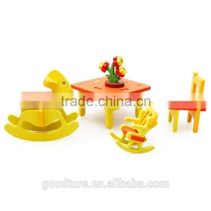 3D Assembling Mini Furniture Rocking Horse Rocking Chair And Table Set For Kindergarten Wooden Toy thumbnail-2