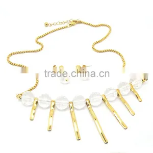 Stainless Steel Gold Tone Bar Tassel Crystal Jewelry Set Necklace thumbnail-2