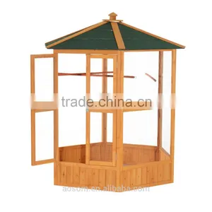 Pawhut 65" Green/Brown Large Hexagonal Outdoor Aviary Wooden Bird Cage thumbnail-1