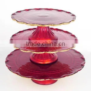 Red Embossed 3 Tiers Glass Cake Serving Plate Wholesale thumbnail-1