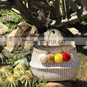 Pompom Beach Bag/Pompom Bag, White Zigzag Belly Basket With Pompom thumbnail-2