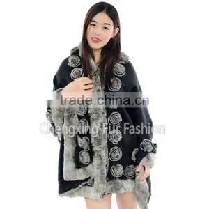 CX-B-P-40E Rostte Ladies Genuine Rex Rabbit Fur Trimmed Pashmina Shawls thumbnail-2