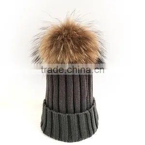 Myfur Dark Gray Wool Knitting Hat Couple Cap With Raccoon Fur Pompom thumbnail-1