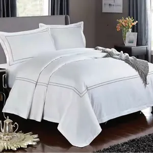 Luxury 5 Star Hotel Linen 100% Cotton Hotel Bedding Set Custom Logo White Flat Bed Sheets Pillowcase Duvet Cover thumbnail-5