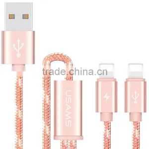 USAMS SJ044 1.2M Nylon Braided 2in1 Cable for Iphone 6/6s/6s Plus 2.1A USB Metal Weave Charging Data Cable for Iphone 6 Plus/5s thumbnail-1