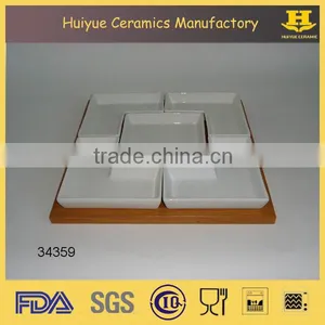 Snack Dish Set With Bamboo Base, Porcelain Dish Set thumbnail-1