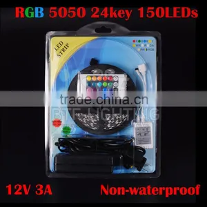 5M SMD 5050 150Leds Non Waterproof RGB LED Strip + 24 Key + 12V 3A Transformer Red/green/blue/yellow/pink/uv/warm/cold White 12V thumbnail-1