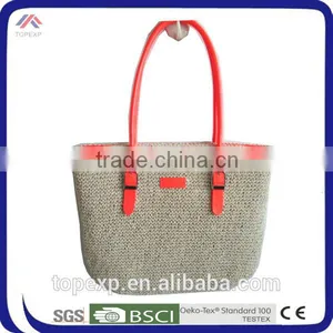 Foldable Straw Bag Bright Colored Handles thumbnail-1