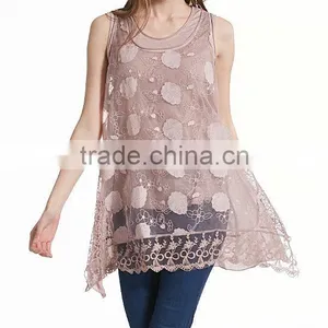 Pink Sheer Floral Lace Layered Sleeveless Tunic Shirts Office Wear for Women thumbnail-2