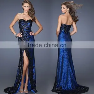 Navy Blue Sequins Beaded Sleeveless Long Split Leg Evening Dress thumbnail-1