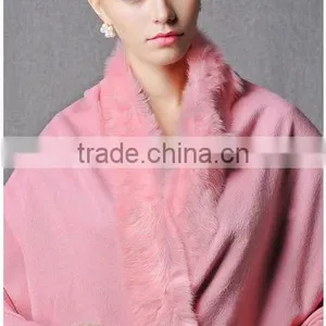 CX-B-P-21 Women Fashion Cashmere Pashmina Shawl With Fur Trim thumbnail-2