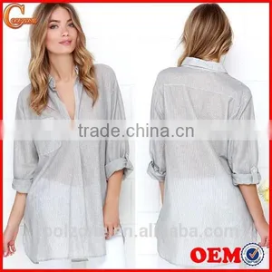 Loose Short Sleeve With Pocket Striped Design Lady Blouse thumbnail-1