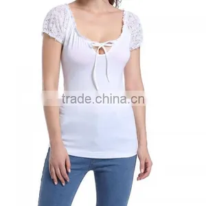 2017 Summer Cotton Hollow Patchwork Women Short Sleeve Blouses thumbnail-2