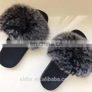 Factory Wholesale Long Hair and Soft Real Fox Fur Slides for Women thumbnail-1