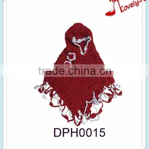 Hand Knitting China Red Little Girl's Pullover Crochet Poncho Scarf With Hood thumbnail-1