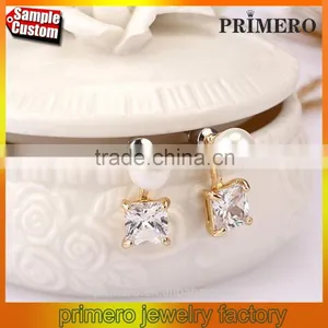 Gorgeous Design Pearl Top Quality Cubic Zirconia Bridal Dangle No Hole Earring thumbnail-1