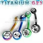 Titanium G23 Anodized Banana Belly Ring w/ Double Gem - 14g, 3/8", 5mm & 8mm Balls thumbnail-1