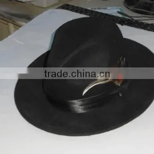 Mens Hat 100% Wool Wide Round Brim Fedora Cap Satin Feather Band Black thumbnail-2
