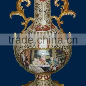Arabic Style Crackle Ceramic Vase, Hand Painted Gilt Brass Mounted Vase thumbnail-1