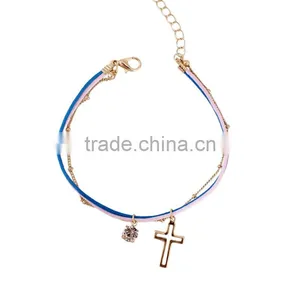 Gold Cross Star Zircon Charms Bracelet Layered Colorful Silk Cord Gold Chain Bracelet thumbnail-3
