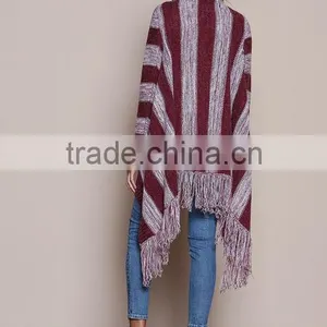 MGOO OEM Custom Burgundy Fringe Cardigan Mohair Striped Outwear Koreas Style Tassels Asymmetric Sweaters thumbnail-5