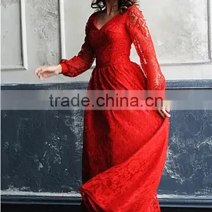Red Long Sleeve Maxi Dress A Line Mommy And Me Lace Women Baby Party Dress thumbnail-3