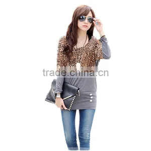 Spring Free Size New Design Korean Style Fashion Cotton Leopard Stitching Long Sleeve Apparel t Shirt thumbnail-2