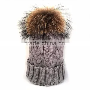 Myfur Light Grey Popular Design Cable Knit Hat With Removable Raccoon Fur Pom Pom thumbnail-1