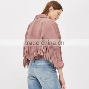 Lapel Collar Fringed Short Coat Womens Faux Suede Tassel Bomber Jacket thumbnail-2