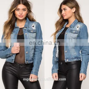Wholesale Ripped Denim Jackets Light Wash Blue Distressed Denim Jacket thumbnail-1