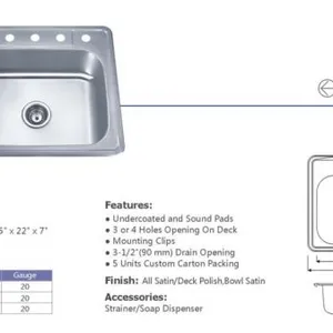 2522 Topmount Single Bowl Stainless Steel Kitchen Sink (966) thumbnail-2