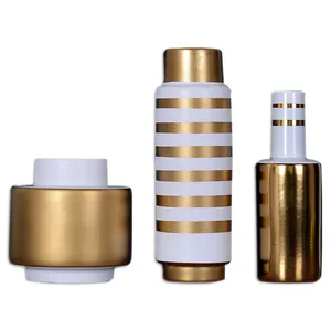 European Electroplate Gold Stripe White Jingdezhen Ceramic Vase For Showroom Decor thumbnail-5