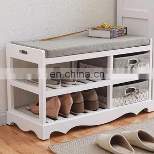 Wooden Sitting Storage Bench With Basket Drawers & Seat Cushion for Shoe Cabinet thumbnail-2