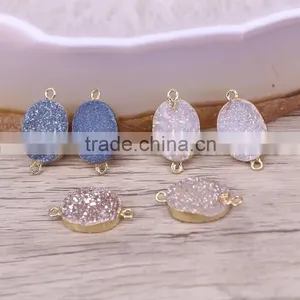 Gold Plated Oval Natural Agate Titanium Druzy Connectors Beads Jewelry Craft thumbnail-3