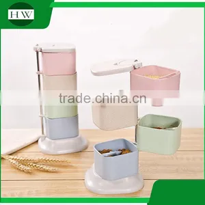 Plastic Square Totate 4 Compartments Seasoning Pot Condiment Container Spice Rack Pots Box Tin Bottle Jar With Spoon thumbnail-1