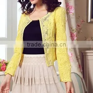 2015 Ladies Quality Coat Yellow Sheer Wholesale Factory Beaded Coat thumbnail-1
