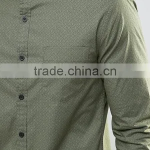 Long Sleeve Chest Pocket Grandad Collar Mens Pre-Shrunk 97% Cotton 3% Elastane Breathable Skinny Fit Casual Green Point Shirts thumbnail-3