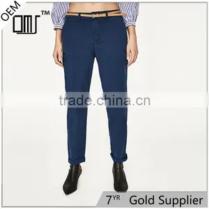 2017 Guangdong Spring Ladies Navy Chinos Designer Pants With Belt thumbnail-1