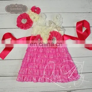 5sets/lot Cream&Fuchsia Lace Dresses Matching Headband and Sash Belt thumbnail-1