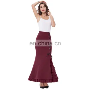 Belle Poque Womens High Stretchy Nylon-Cotton Vintage Retro Ruffled Fishtail Mermaid Victorian Style Wine Long Skirt BP000203-3 thumbnail-3