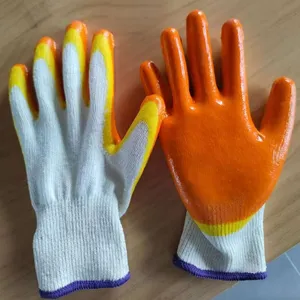 White Cotton Thread 10 Gauge Knitted Smooth Finish Yellow and Orange Latex Palm Double Coated Safety Work Gloves thumbnail-1