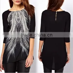 Instyles Women Peacock Tail Printed Asymmetric Hem Back Zip T-Shirt Top Blouse Long Shirt16450 Boutique Clothin Clothing thumbnail-1