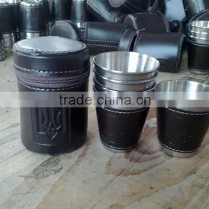 Stainless Steel Cup With Leather Wrapped and Logo 4pcs in Leather Bag thumbnail-3